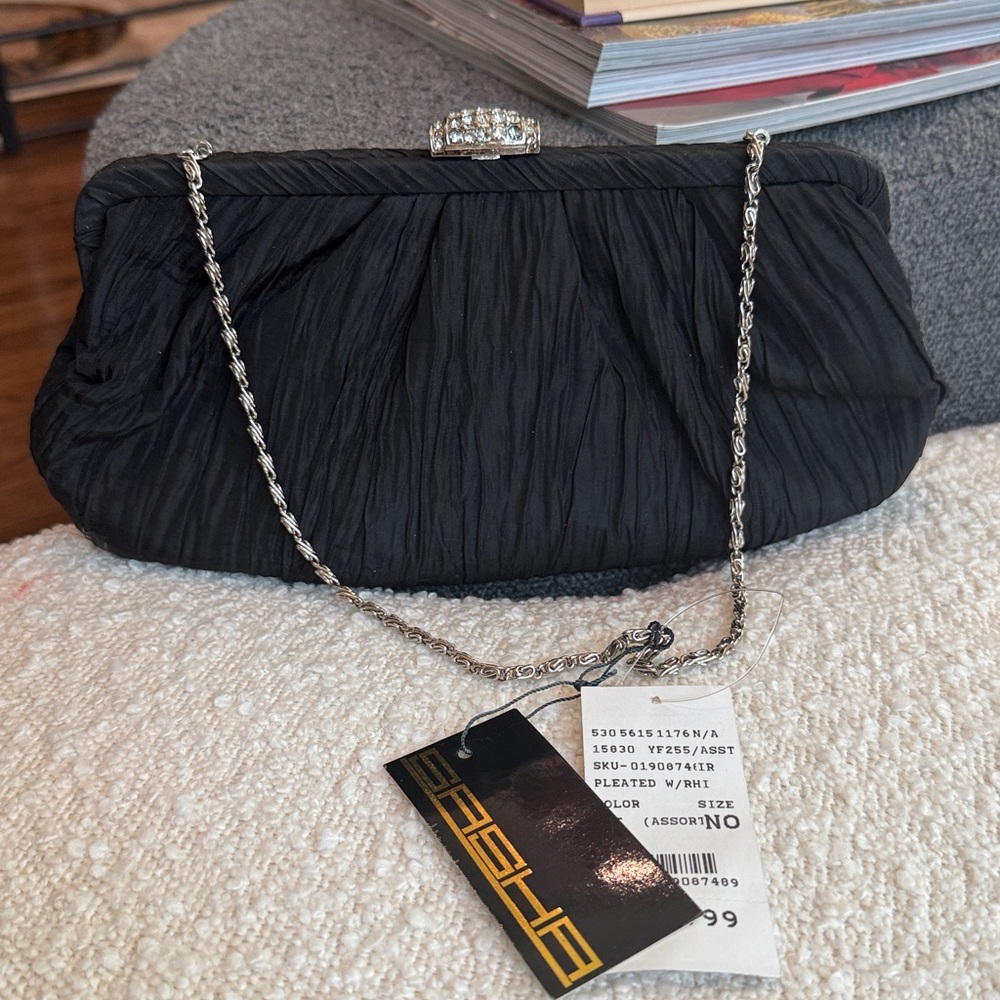 Sasha Black Pleated Evening Bag with Silver Chain